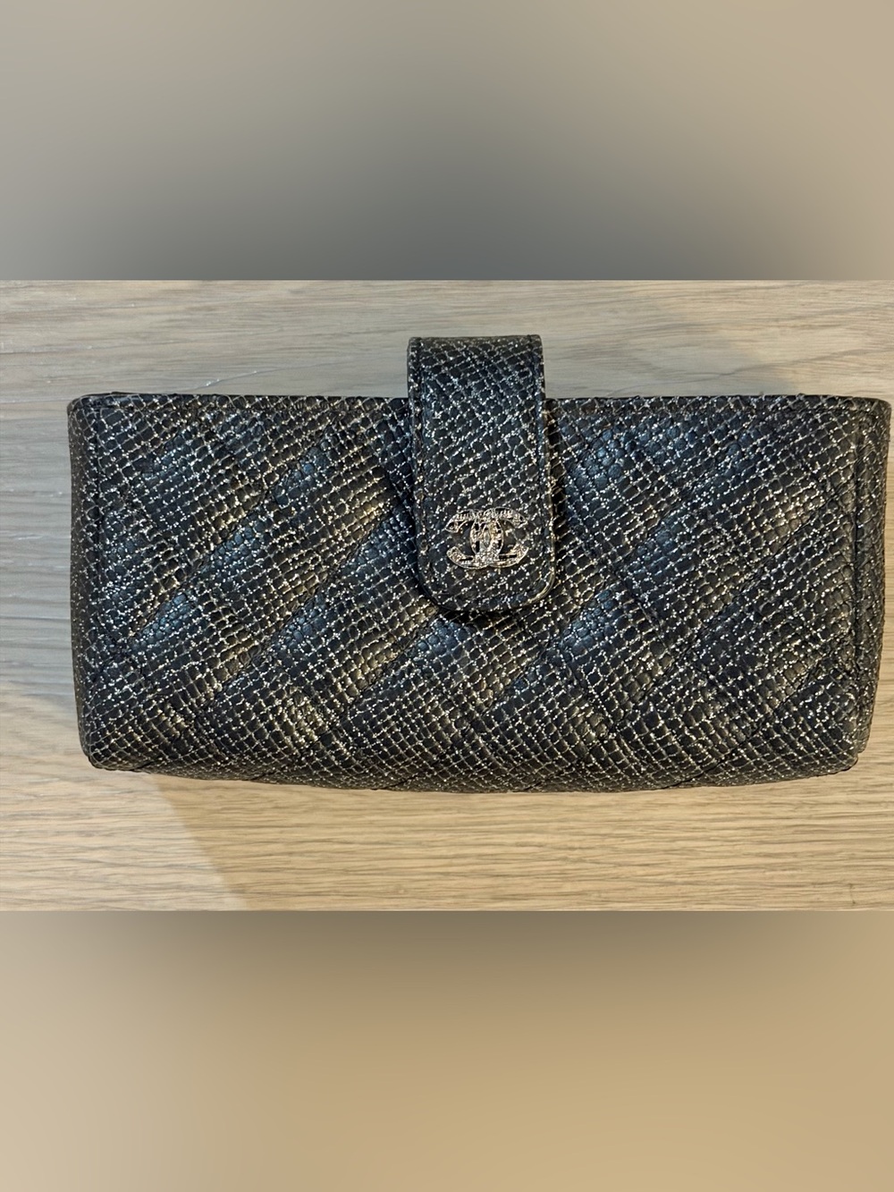 CHANEL Black Glitter Quilted Snap Wallet